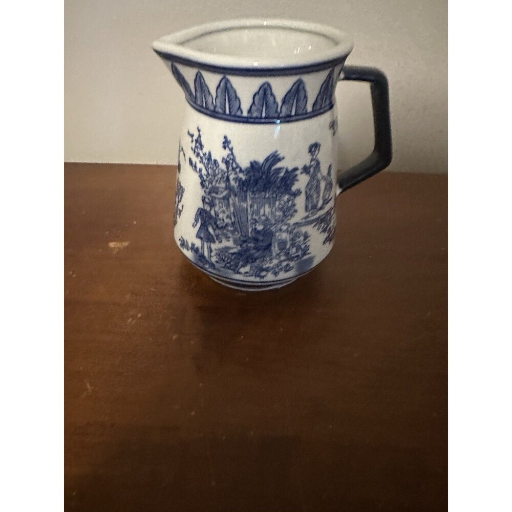 White Blue Ceramic Pitcher Transferware Pastoral Scene Dark Blue Handle
